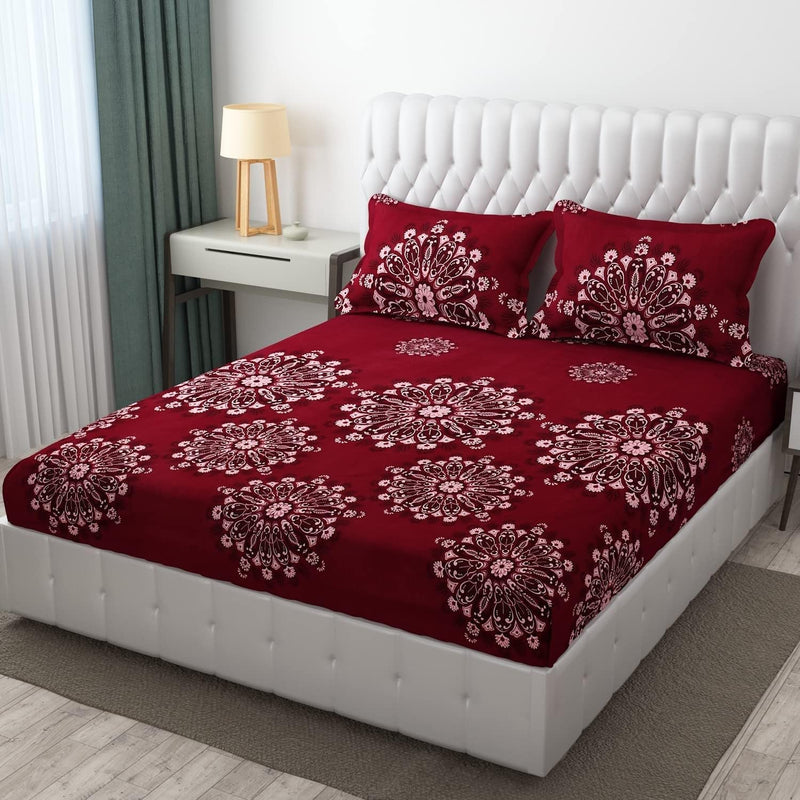 VOMZER - Home 300TC Elastic Fitted Double Bed Cotton Bedsheets with 2 Pillow Covers - King Size 78" x 72" (Damask Maroon)