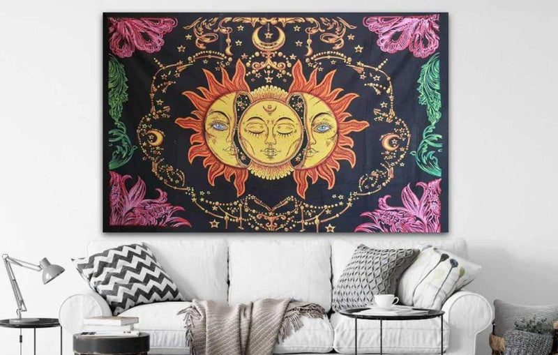 DRAVY HANDICRAFTS Cotton Mandala Sun And Moon Tapestry Wall Hanging with Multi, Brush Twin (Multicolour, 84X54 Inches)