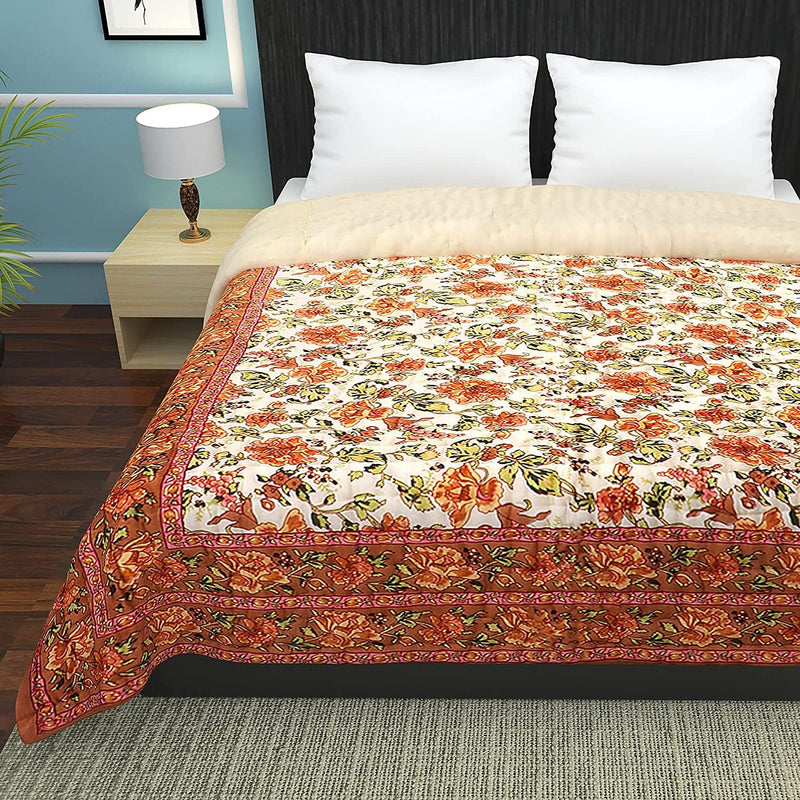 J SHREE Pure Cotton Jaipuri Razai Traditional Sanganeri Print Light Weight razai Double Bed Quilt/Blanket - 85 x Inch X 100 Inch, Multi-Color