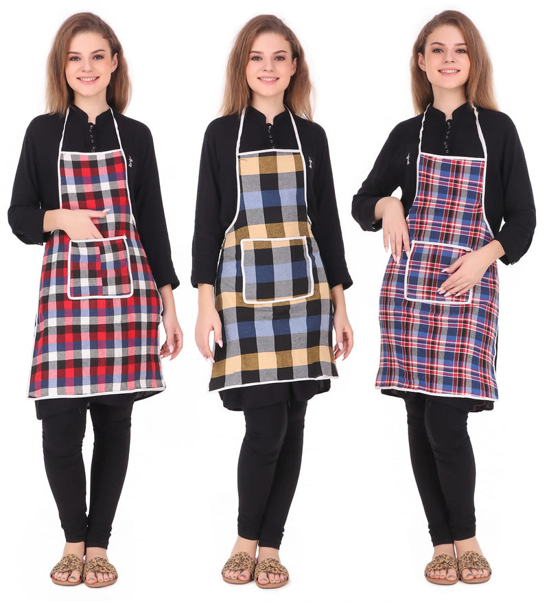 GLUN® Cotton Kitchen Multi Colour Apron with Front Pocket - Set of 3(Color and Design May Vary)