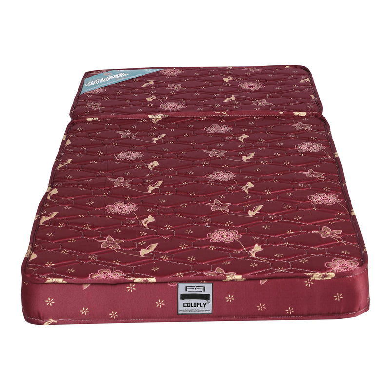 COLOFLY 4 inch Soft Bounce Single High Density PU Foam Foldable Mattress | Bed Cum Sofa Foldable Medium Firm Mattress for Travelling, Maroon (72x35x4 inch, 3 Fold)