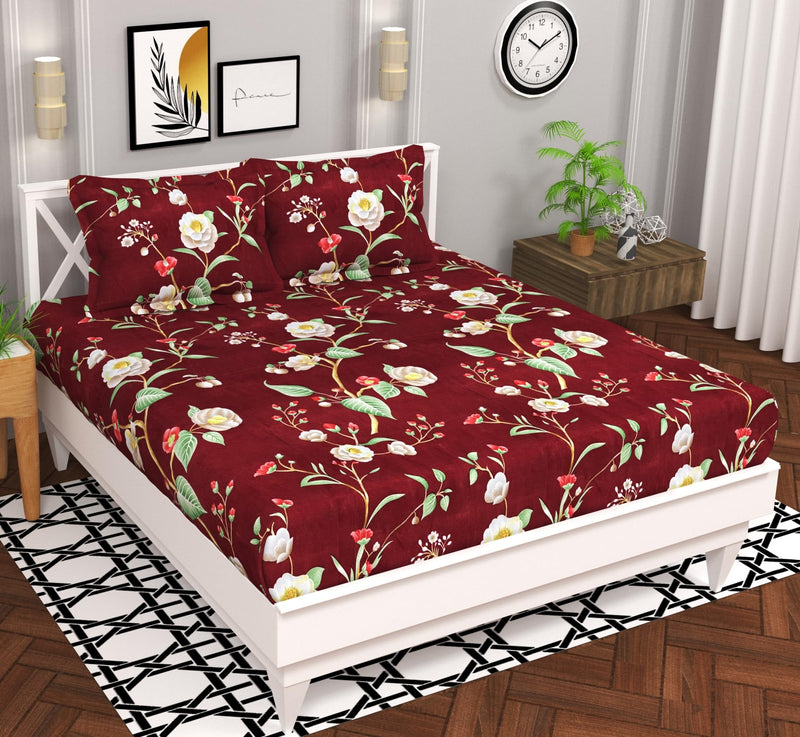 BSB HOME Microfiber 144 TC Aspire 3.O Collections Soft Breathable Wrinklefree Floral Printed Double Bedsheets with 2 Pillow Covers, Color Maroon