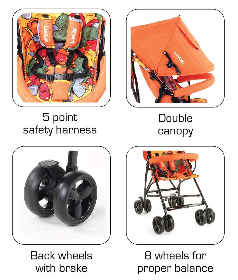 LuvLap Tutti Fruti Baby Stroller / Buggy, Compact & Travel friendly baby pram, for Baby & Kids, 6-36 Months, with 5 point safety harness, adjustable seat recline, 15Kg capacity (Orange)