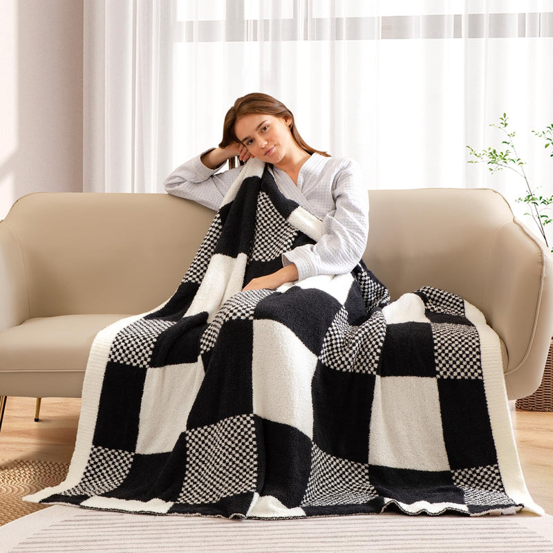 Snuggle Sac Checkered Blanket, Black Throw Blanket for Couch Plaid Microfiber Fluffy Warm Fuzzy Cozy Soft Throw Blanket Reversible Checkerered Blankets for Sofa, Chair, Bed, 50x60 inches