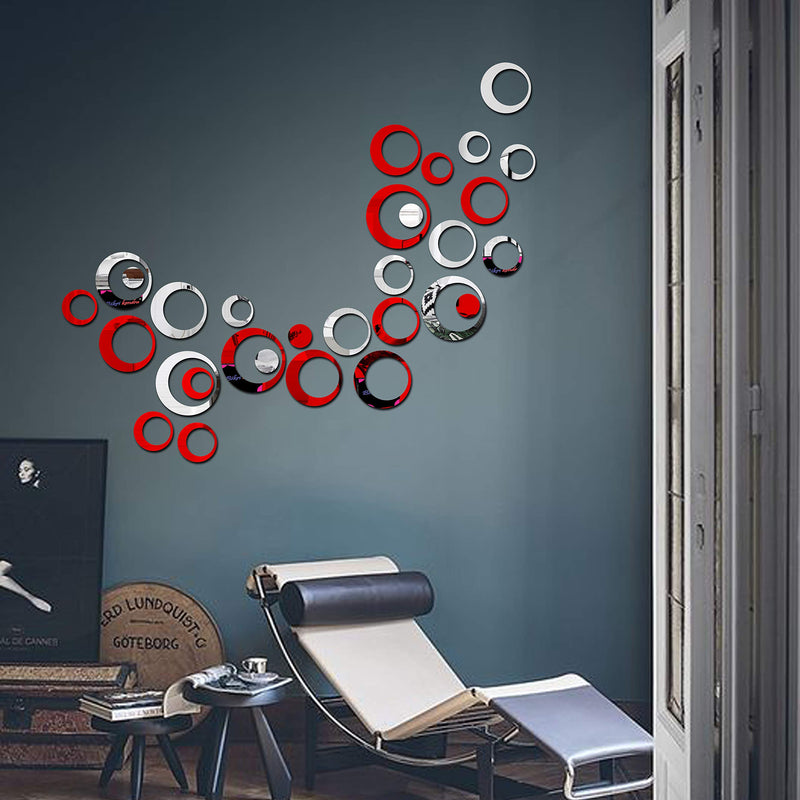 Bikri Kendra - 24 Ring 12 Silver 12 Red - 3D Acrylic Decorative Mirror Wall Stickers