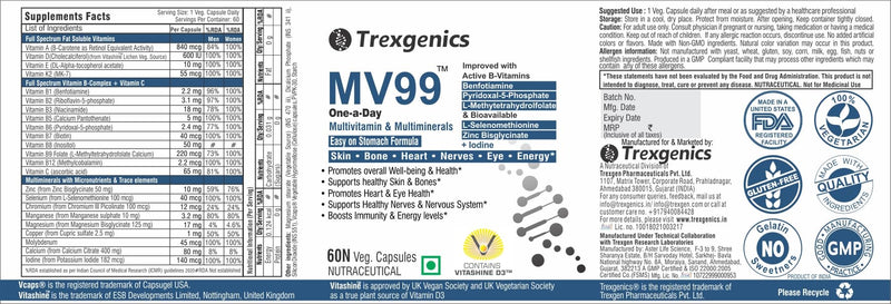 Trexgenics MV99 Multivitamin One-a-day Easy On Stomach - Complete Daily All you need with Multiminerals & Micronutrients for Men & Women (60 Veg. Capsules) (1)