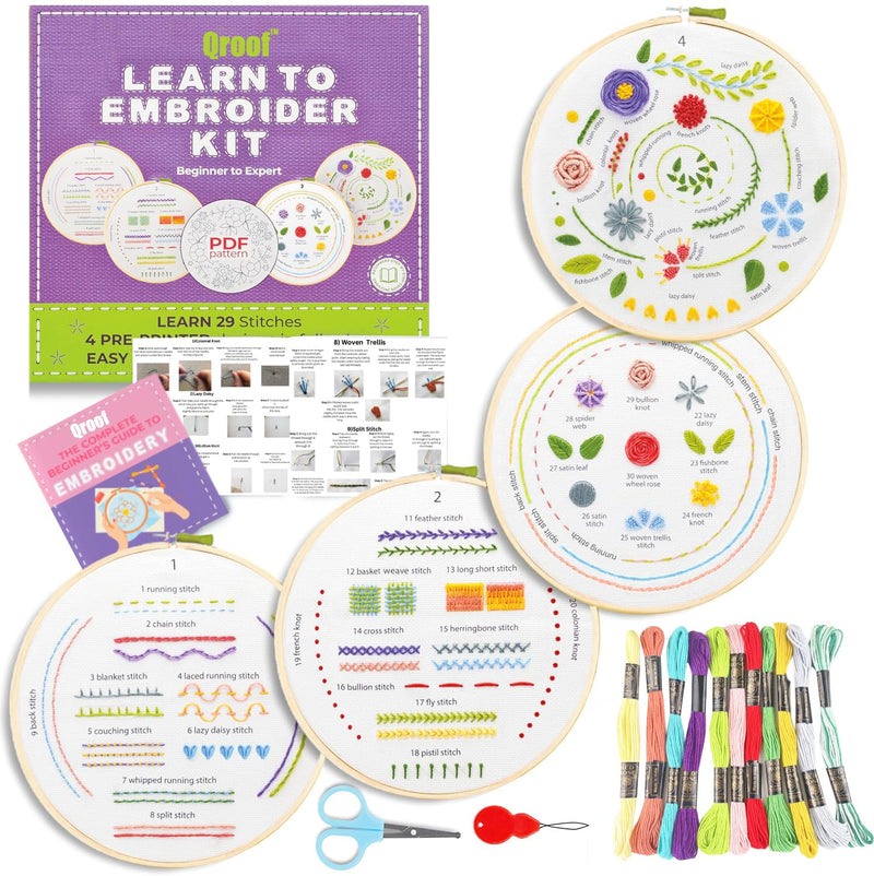 Qroof Diy Beginners Embroidery Cross Stitch Starter Kit -4 Patterns Fabric Set, Hoop, Threads, And Supplies For Hand Eembroidery Beginners Kids, Adults, Women, Multicolor