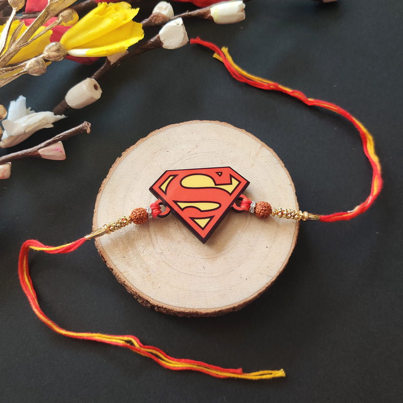 Bhai Please Superman Wooden Rakhi with Brother is Superhero Fridge Magnet (Gift Combo for Bhai/Bhaiya) | Set of 1 pc Rakhi with Roli- Chawal and Fridge Magnet | With Raksha Bandhan Greetings