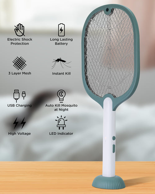 Weird Wolf 2 in 1 UV Light Mosquito Racket Bat with Base Stand, Lithium Battery, USB Charging, 6 Months Warranty, Green