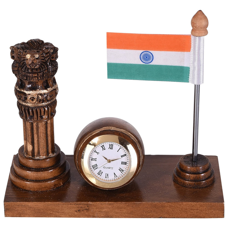 Craft Trade Round Wooden Table Clock - Ashok Stambha Pillar with National Flag Decorative Showpiece Gift for Home and Office Décor