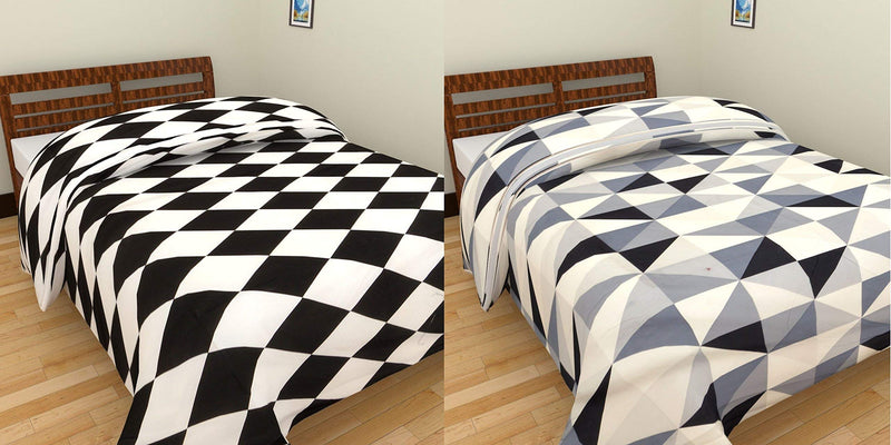 lovekush Black White Check & Grey Check Print Reversible Single Bed AC Blanket Dohar Combo Set of 2