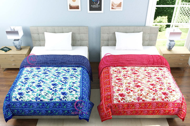 AUROSTYLE 400 TC Pure Cotton Jaipuri Light Weight Traditional Rajasthani Print Single Bed Quilt/Razai/Rajai (Design 10, Single Bed - Set of 2 Combo Set)