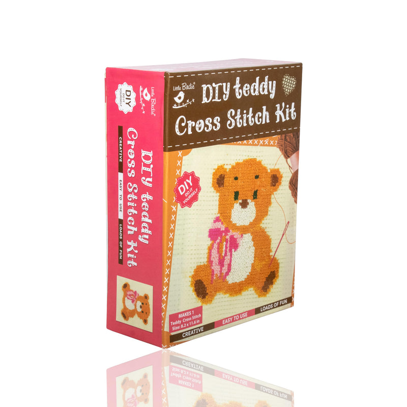 Little Birdie DIY Cross Stitch Kit Teddy Pattern Kit | Learning and Hobby Kit | Embroidary Craft Activity Kit for Kids, Adults and Beginners