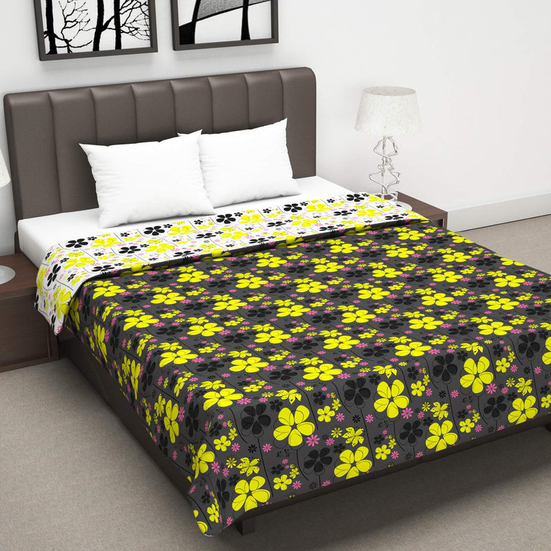 Divine Casa 120 GSM Polyester Reversible Lightweight Printed Double Bed AC Dohar Blanket - Black and Yellow