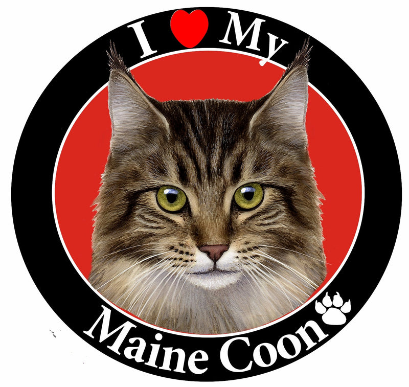 "I Love My Maine Coon Cat" Car Magnet With Realistic Looking Maine Coon Cat Photograph In The Center Covered In UV Gloss For Weather and Fading Protection Circle Shaped Magnet Measures 5.25 Inches Diameter