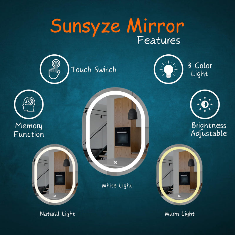 Sunsyze Capsule LED Bathroom Mirror with 3 Lighting Options (Warm, White, Natural White) - Stylish Illumination for Your House & Office 18x24 (Mirror with Light)