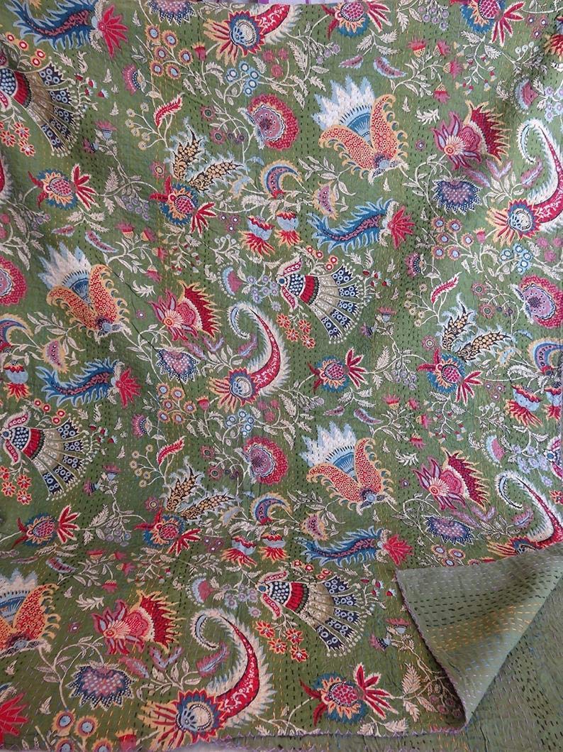 Textile Work Creation TI AMO Kantha - Quilt Handmade Kantha Quilt Home Decor Multi Colour 90 x 108 Inch Queen Quilt