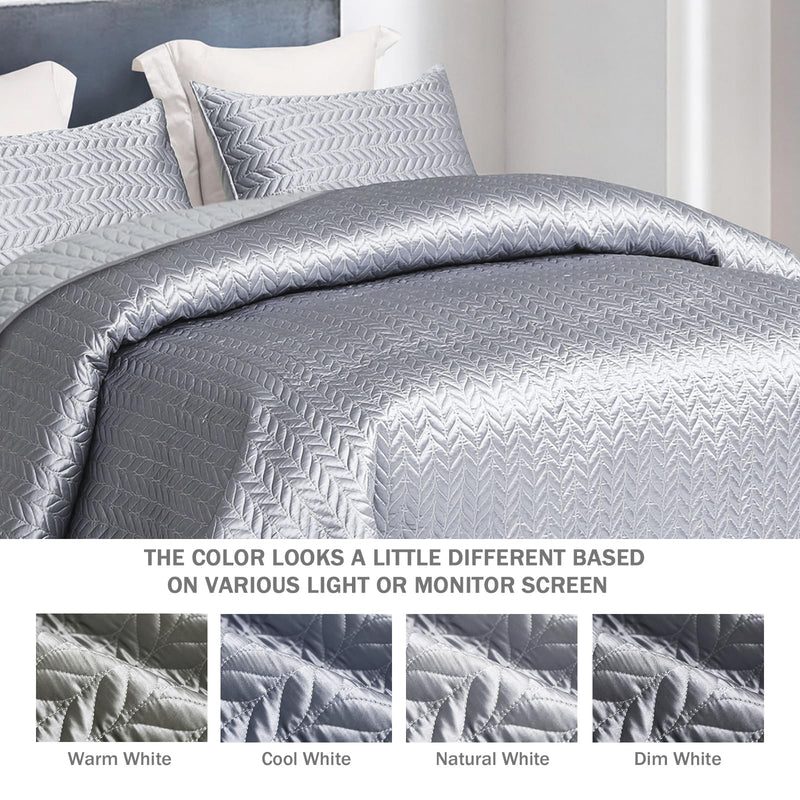 Whale Flotilla 3-Piece Luxury Satin Quilt Set King Size, Reversible Lightweight Coverlet Bedspreads Bedding Set with Pillow Shams,92x104 Inches, Grey