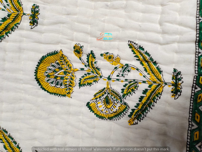 Sibley 210 TC Hand Block Cotton Single Bed Jaipuri Razai Floral Print (60X90 Inche) - Yellow