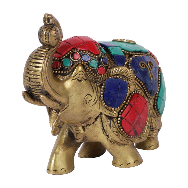 Two Moustaches Maharaja Elephant Gemstone Brass Showpiece - 4 Inches