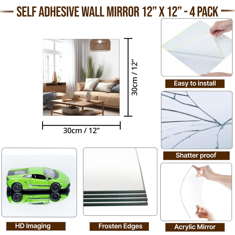 ABOUT SPACE 4 Pcs Full Length Mirror for Wall 12x12 Inch Self-Adhesive Acrylic Wall Mirror Frameless Flexible Square Shaped - Entryway, Washbasin, Bedroom, Home Gym, Bathroom Mirror, Vanity (30x30cm)