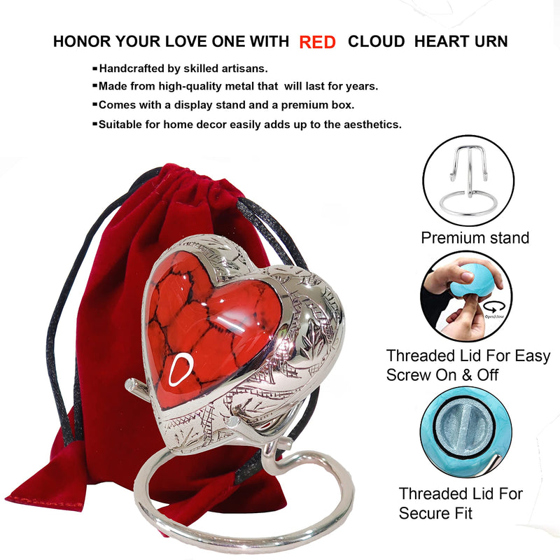 THE ASCENT MEMORIAL Red Cloud Heart Shape Small Urn for Human Ashes with Stand, Red Heart Small Keepsake Box Urn for Human Ashes with Stand, Velvet Carry Bag and Velvet Gift Box (Red)