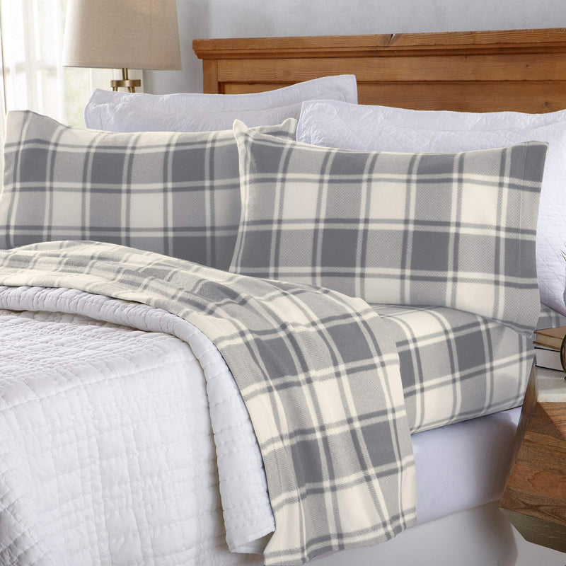 Great Bay Home Super Soft Extra Plush Plaid Fleece Sheet Set. Cozy, Warm, Durable, Smooth, Breathable Winter Sheets with Plaid Pattern. Dara Collection Brand. (Queen, Grey)