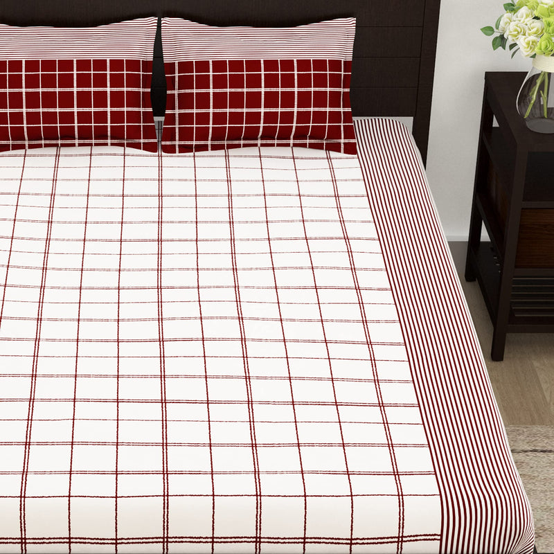 Story@Home Majestic Collection, 100% Cotton Bedsheet for King Bed Checks Design | 1 King Size Bedsheet with 2 Pillow Covers | 152 TC (270 x 270 cm, White & Red) | Perfect for Festive Gifting bedsheet