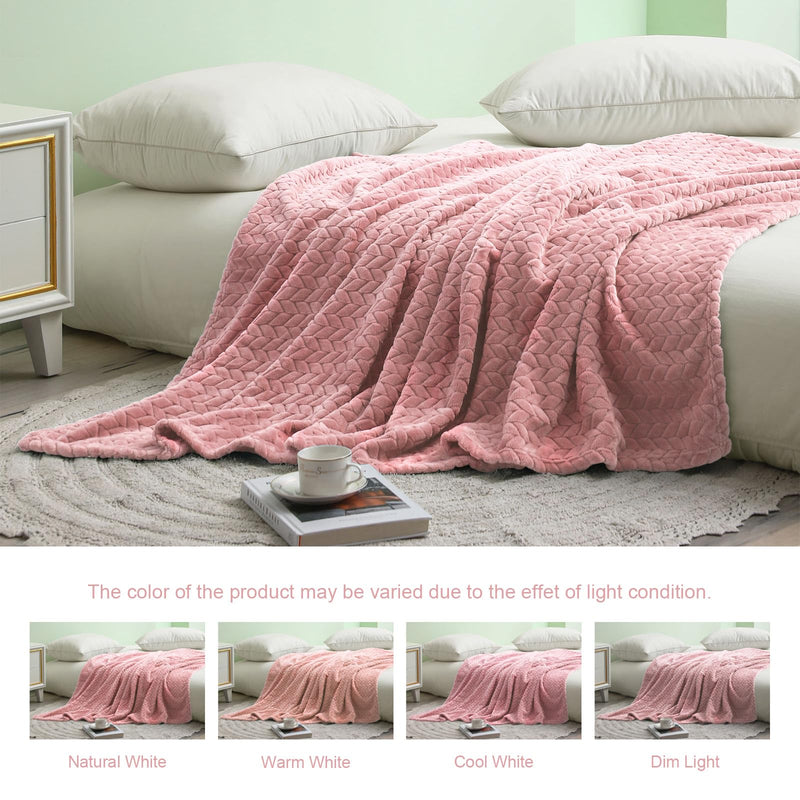 Exclusivo Mezcla Large Flannel Fleece Throw Blanket, Soft Jacquard Weave Leaves Pattern Blanket (50" x 70", Dusty Pink) - Cozy, Warm, Lightweight and Decorative