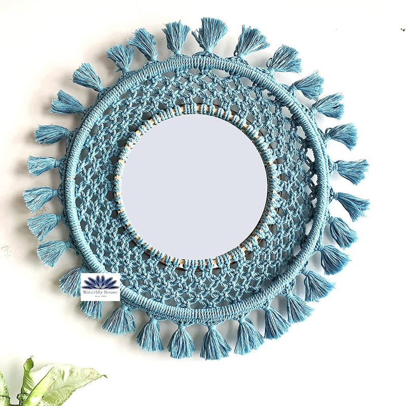 Waterlily House - Handmade Macrame Hanging Wall Mirror with Macrame Fringe Round Mirror.