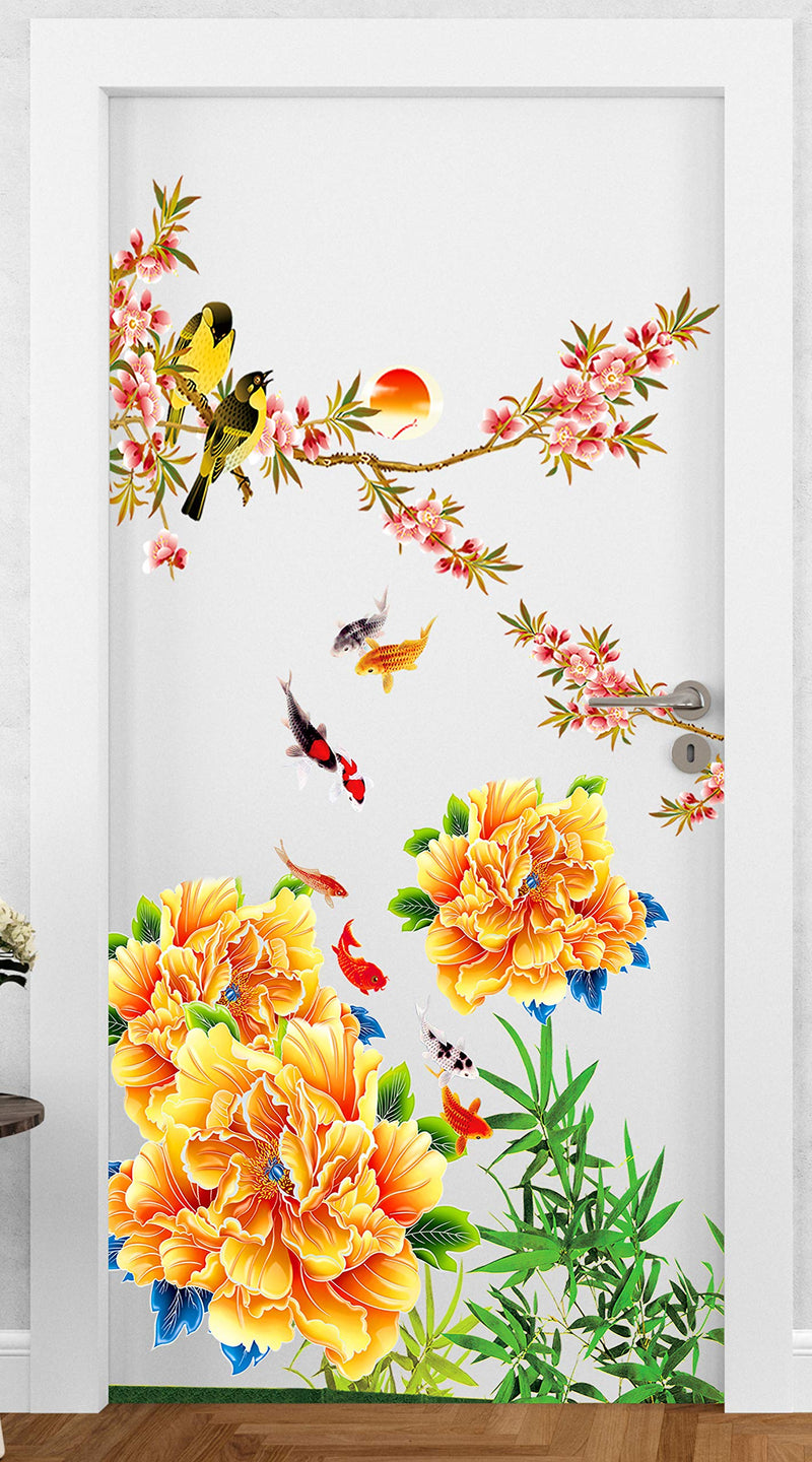 DivineDesigns™ Flower & Birds Door Sticker | Sticker for Living Room, Bedroom, Office (Vinyl, Standard, Multicolour)