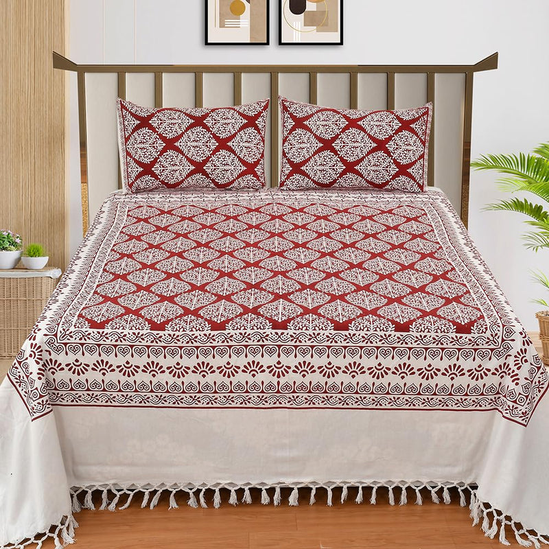 BSB HOME 100% Cotton Handloom Indian Khadi Bedsheet with Traditional Block Print Jaipuri Designs Handmade Woven Striped 90 x 100 inch 210 Threadcount -Red and White