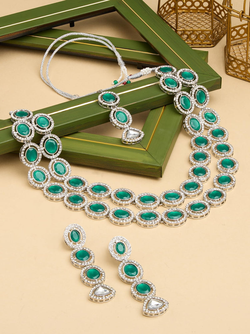 ZAVERI PEARLS Green Stones Dazzling Austrian Diamonds Layered Necklace Earring & Maangtikka Set For Women-ZPFK17569