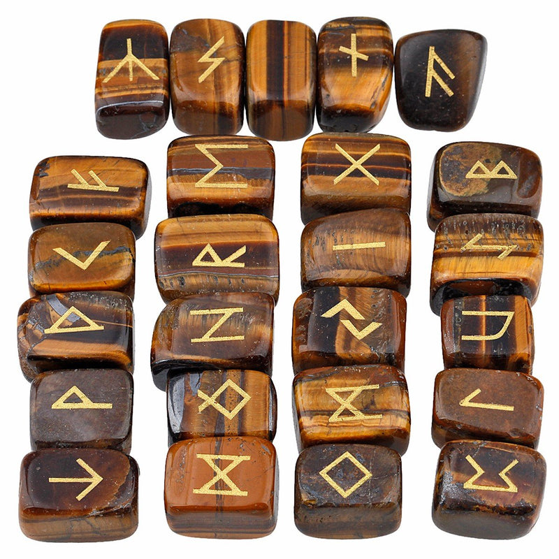 SUNYIK Natural Tiger's Eye Stone Rune Stones Set with Engraved Elder Futhark Alphabet Lettering Polished Healing Crystal Kit