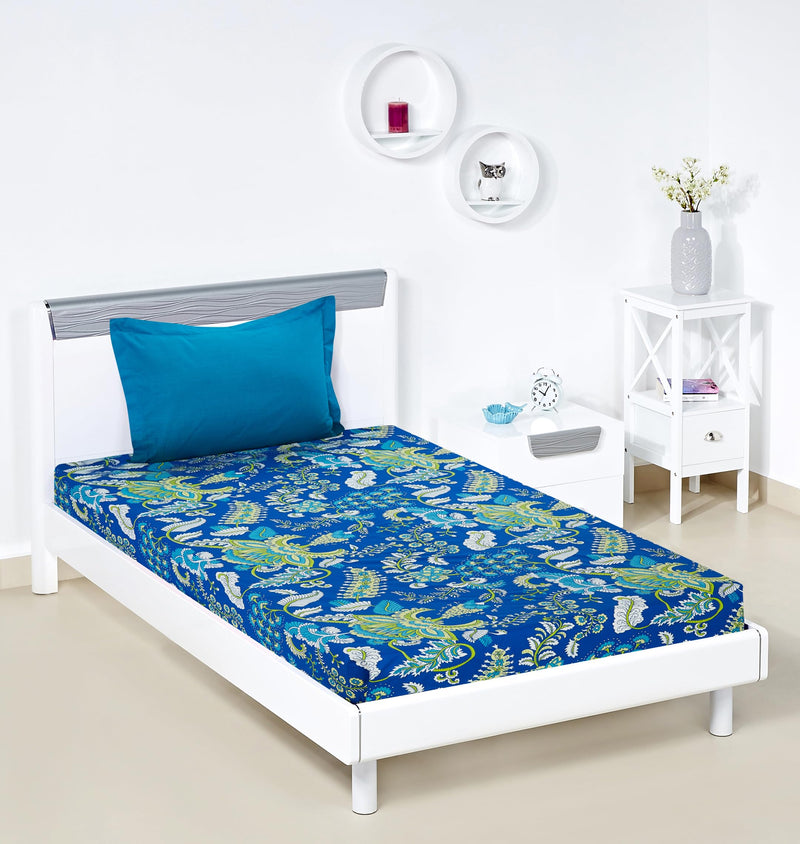 Amazon Brand - Solimo Floral Treasure 144 TC 100% Cotton Single Bedsheet with One Pillow Cover, Soft and Smooth (Traditional, Blue and Green)