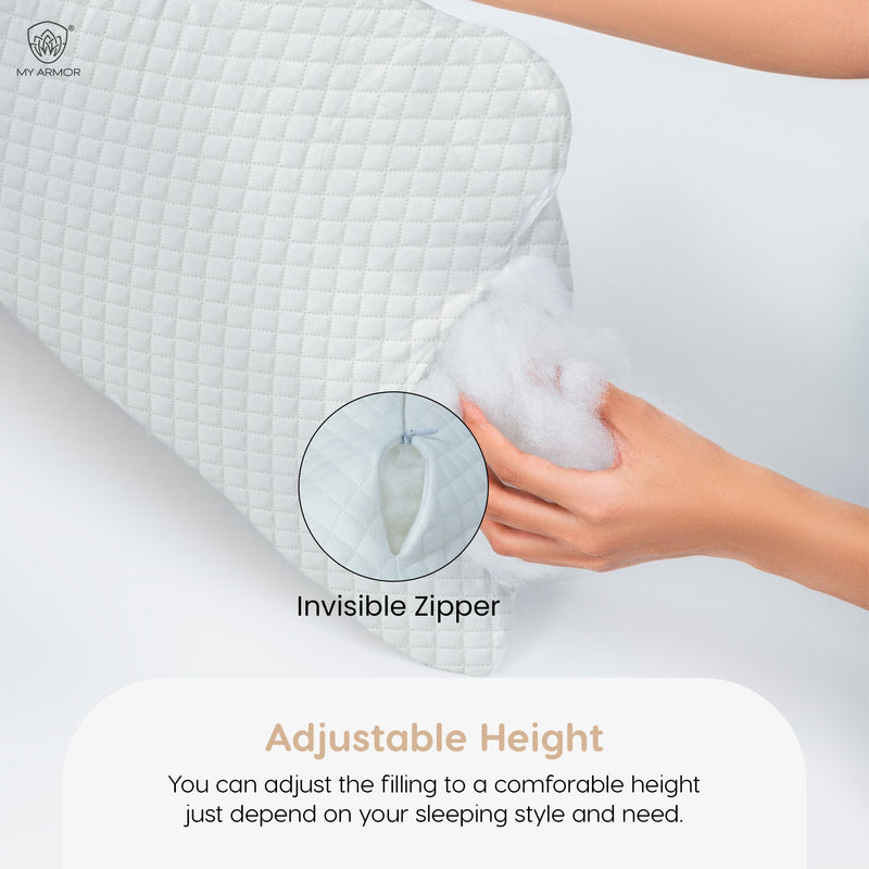 MY ARMOR Height Adjustable Conjugate Fiber Sleeping Pillows with Zip and Extra Fibre | 17" x 27" - Set of 4, White Bamboo Fabric