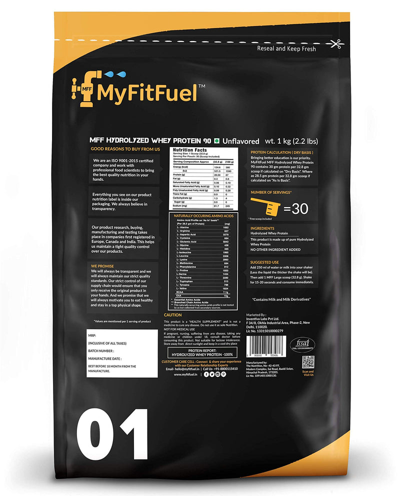 MyFitFuel Hydrolyzed Whey Protein Powder | 1 Kg, 30 Servings (Unflavoured) | Pre Digested Protein