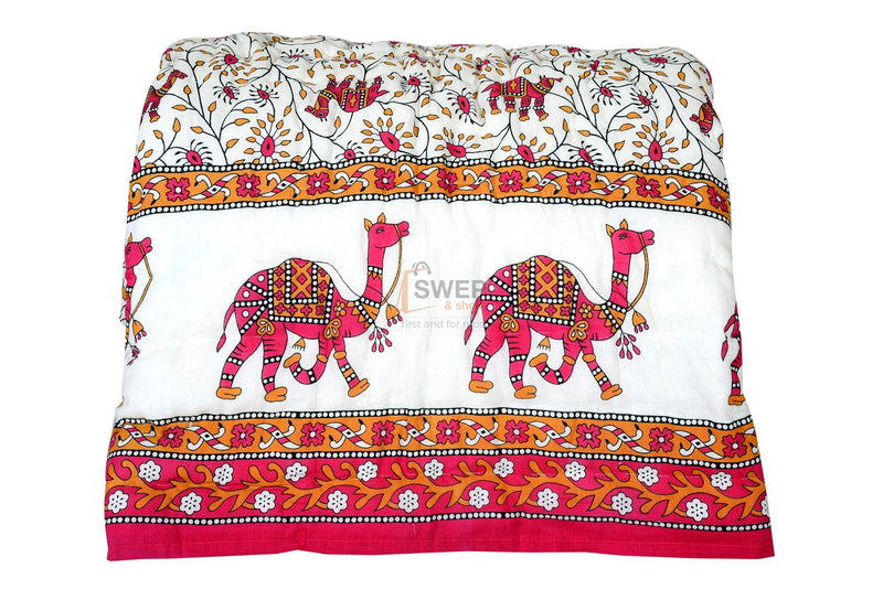 Swep & Shop Rajasthani Traditional Cotton Jaipuri razai ac Blanket Camel Print with Floral Design Single Bed Reversible ( Both Sided ) Jaipuri Quilt 55 x 85 inch - Pink