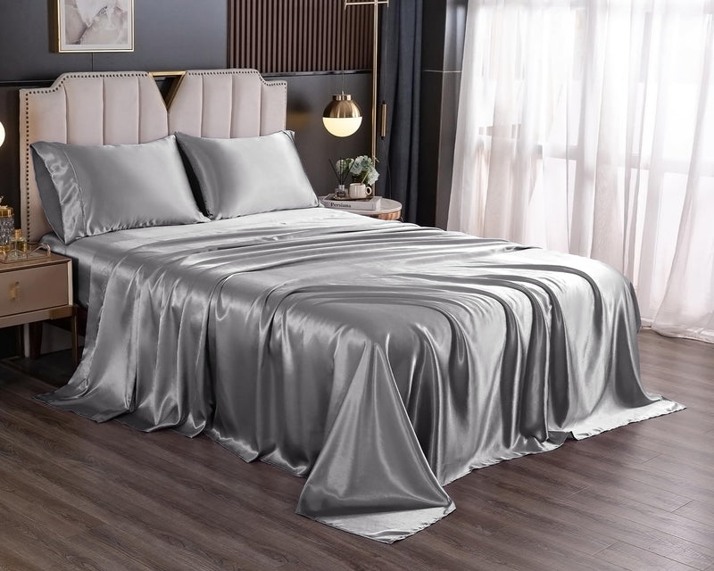 UDEAL Queen Bed Sheets Set Satin Sheet & Pillowcase Sets Deep Pocket Silky Soft Breathable Bed Sheets 1800 Microfiber(4-Piece, Silver Grey)