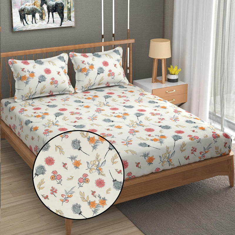 FRESH FROM LOOM Floral Print 240 TC King Size Microfiber Double Bedsheet with 2 Pillow Covers, Hypoallergenic, Super Soft (Size- 90 x 95 Inch | Pastel-Cream)