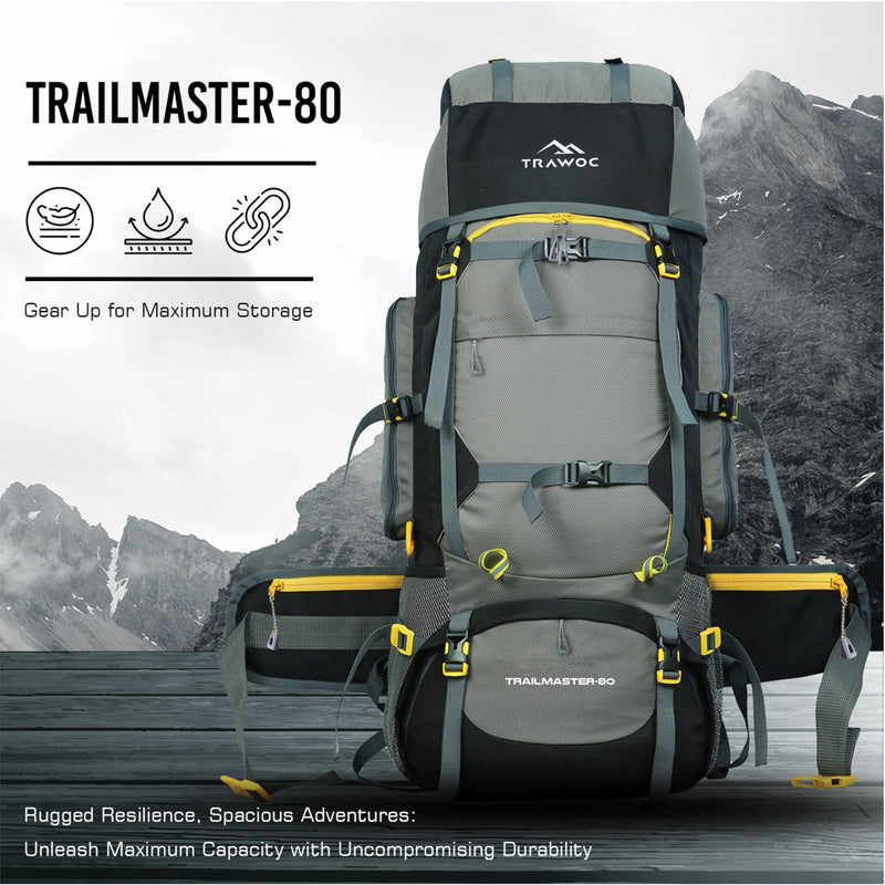 TRAWOC Trailmaster 80L Rucksack Bag for Men & Women, Large Water Resistant Trekking Hiking Bag Travel Backpack, Grey, 3 Year Warranty