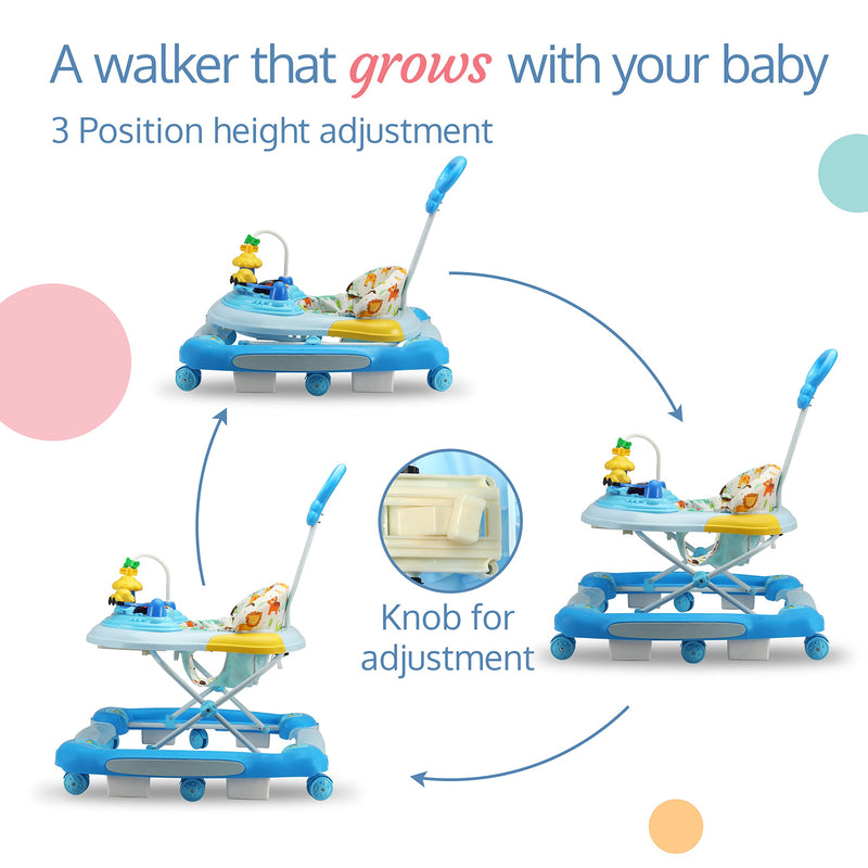 LuvLap Comfy 2-in-1 Baby Walker & Rocker with Parental Push Handle, Anti Fall, Anti Skid Mechanism, Height Adjustable with Light, Rattle & Musical Toys, Cushioned Walker for Baby 6-18months (Blue)