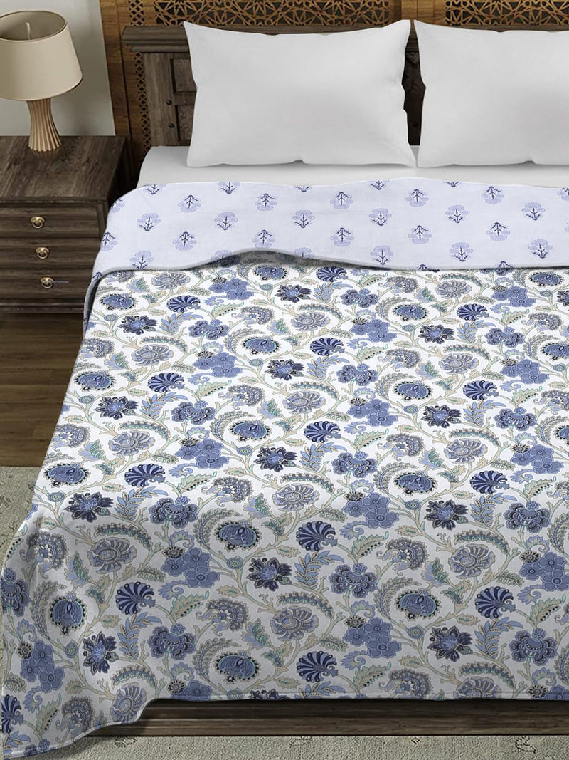 Rajasthan Décor Graceful White and Blue Floral Printed 120 GSM Reversible Cotton Single Bed AC Dohar - Soft and Cozy Lightweight Blanket for All Seasons