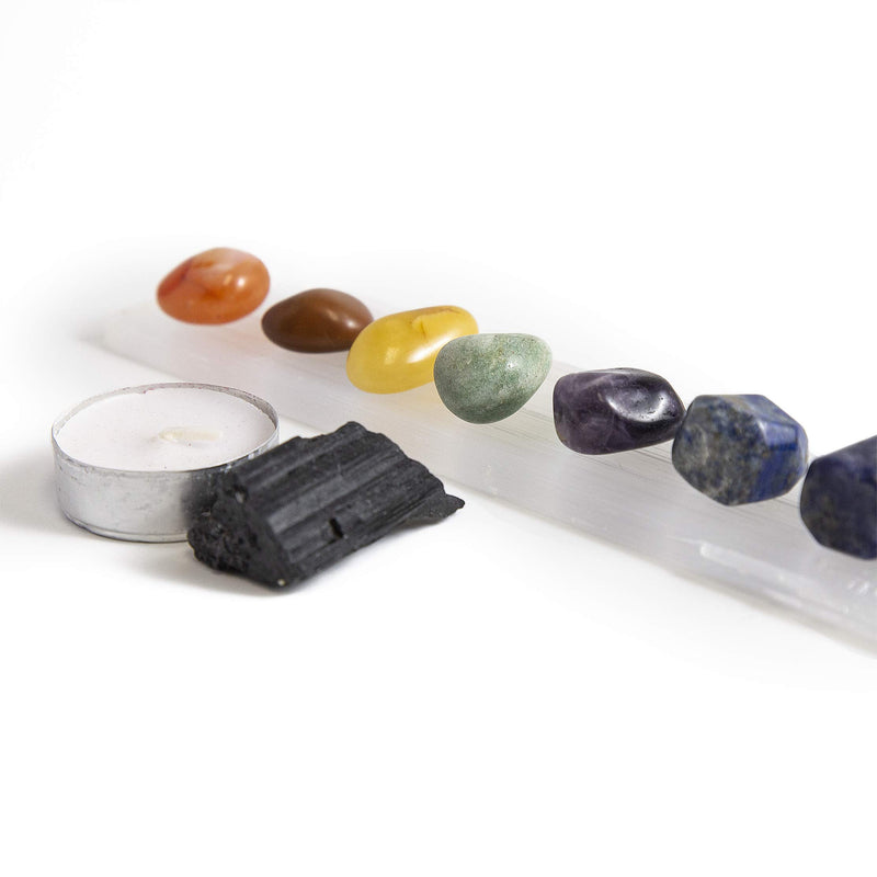 Beverly Oaks 10 pc Chakra Crystal Healing Kit: Large Selenite Bar, 7 Chakra Natural Polished Tumbled Stones in Black Velvet Bag with Chakra Information Card, Black Tourmaline Specimen, Votive, COA