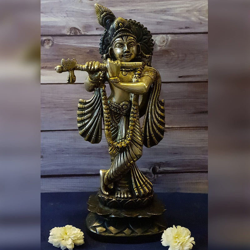 Divya Mantra Krishna Playing Flute Brass Statue Janmashtami Murti Kanha Bansuri Idol Bhagwan Sri Thakur ji Home Decor Mandir God Brass Decorative Showpiece Lord Pooja Beautiful Statues - Brown