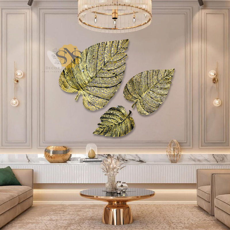 SNS Decor Metal Leaf (Set of 3) Brass Antique Finish Wall Art Decorations | Perfect 3D Wall Sculpture for Living Room, Bedroom, Drawing Room & Office