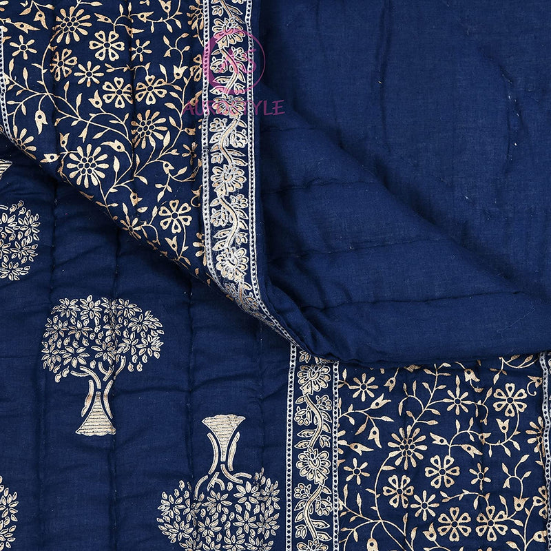 Woodsy Jaipuri Razai Rajasthani Traditional Tree Golden Print Soft Light Weight Pure Cotton Winter and Summer Rajai Ac Quilt Razai/Rajai/Quilt/Blanket/Dohar/Comforter (Single Bed, Set Of 2, Blue Tree)