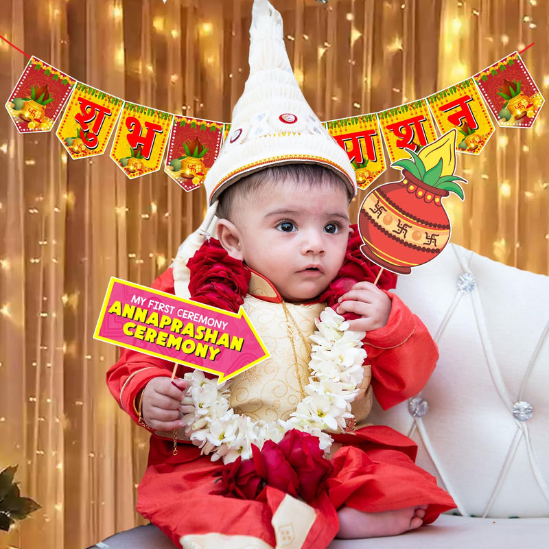 Zyozique ® Annaprasanam Photo Booth Props with Annaprasanam Bunting Banner Hindi Font Shubh Annaprashan | Rice Ceremony Decorations Items (Pack of 18)