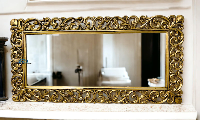 A.M INTERNATIONAL Wooden Carved Mirror Frame | Wooden Antique | Wall Hanging Mirror | Wooden Mirror Jharokha | Solid Wood | Horizontal, Vertical,Rectangular Without Mirror (4 * 2.5FT Antique Gold)