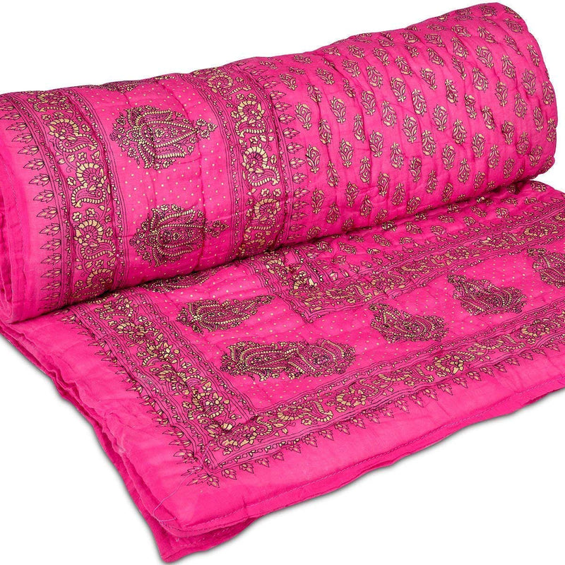 ManavRachit Pure Cotton Rajai Gold Printed Jaipuri Sanganeri Traditional Double Bed Rajai/Quilt/Comforter (85 Inches X 100 Inches)(Pink)